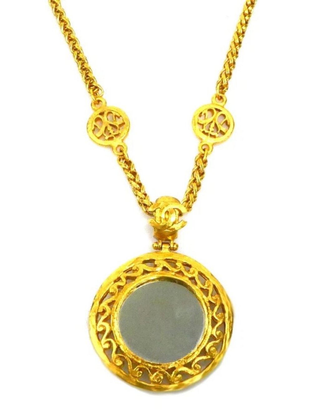 CHANEL Vintage Mirror Pendant Necklace Gold Metal -